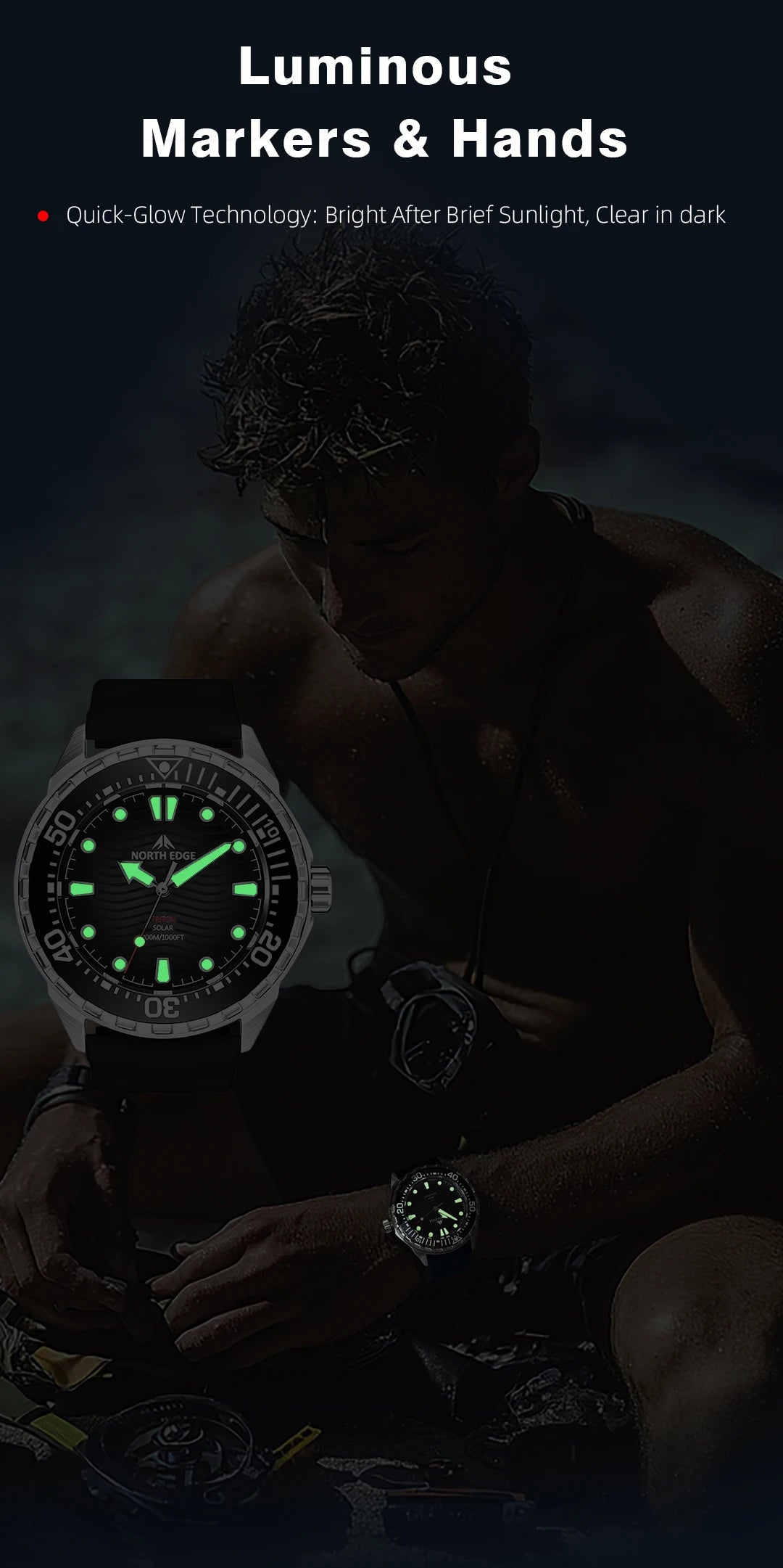 NORTH EDGE New TRITON Solar Powered Diving Watch for Man Luxury Quartz Wristwatches 316L Stainless Steel Case Waterproof 300M