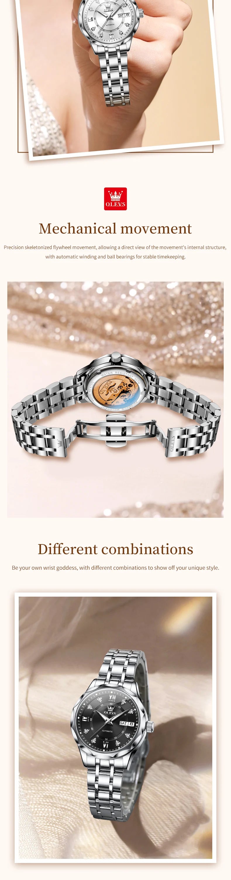 OLEVS 6727 Ladies Watch Automatic Mechanical Watch Stainless Steel Waterproof Calendar Week Watches For Women Luxury Elegant New