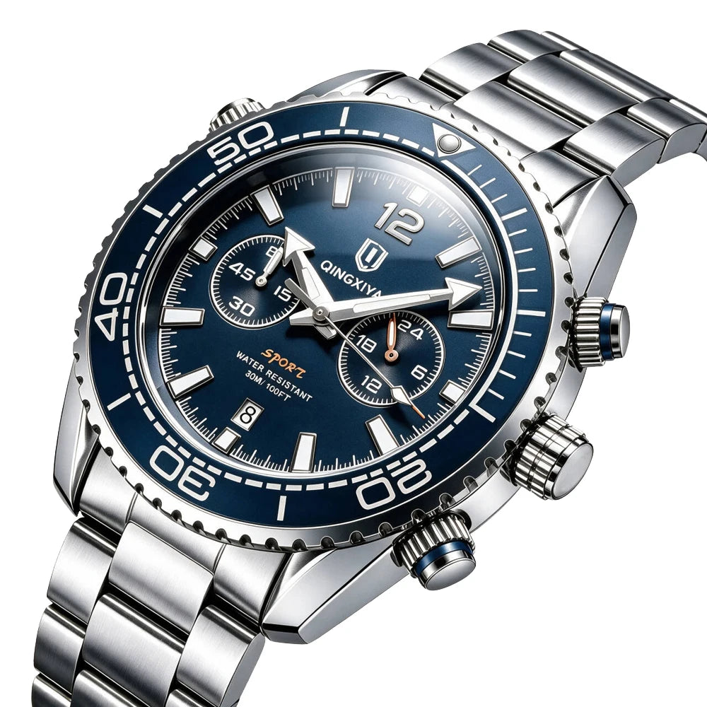 Montre-bracelet de luxe pour homme de marque QINGXIYA, chronographe sport étanche avec date lumineuse, montre à quartz décontractée pour homme