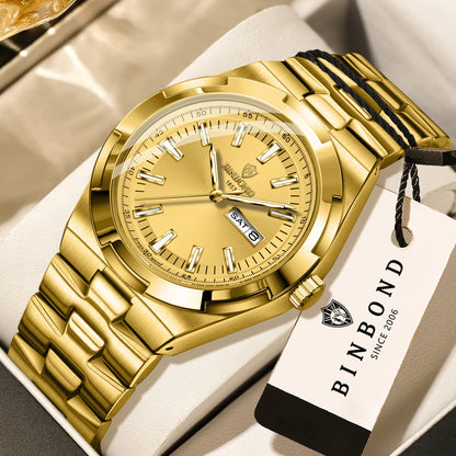 Relógios de quartzo BINBOND em aço inoxidável para homem – Relógio de luxo, estanque e luminescente – Modelo original para homem