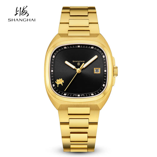 Shanghai Square Vintage Mechanical Watch 24K Gold Automatic Men's Watches 38mm Case 316L Stainless Steel Luxury Wristwatch SH030