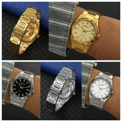 Relógio automático para homem BERNY, dourado, vidro de safira, ponteiros luminescentes, 100 % original, equipado com um movimento PT5000, revestimento antirreflexo, modelo de luxo com luneta intercambiável, estanque até 5 ATM.