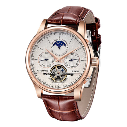 LIGE Brand Classic Mens Retro Watches Automatic Mechanical Watch Tourbillon Clock Genuine Leather Waterproof Military Wristwatch