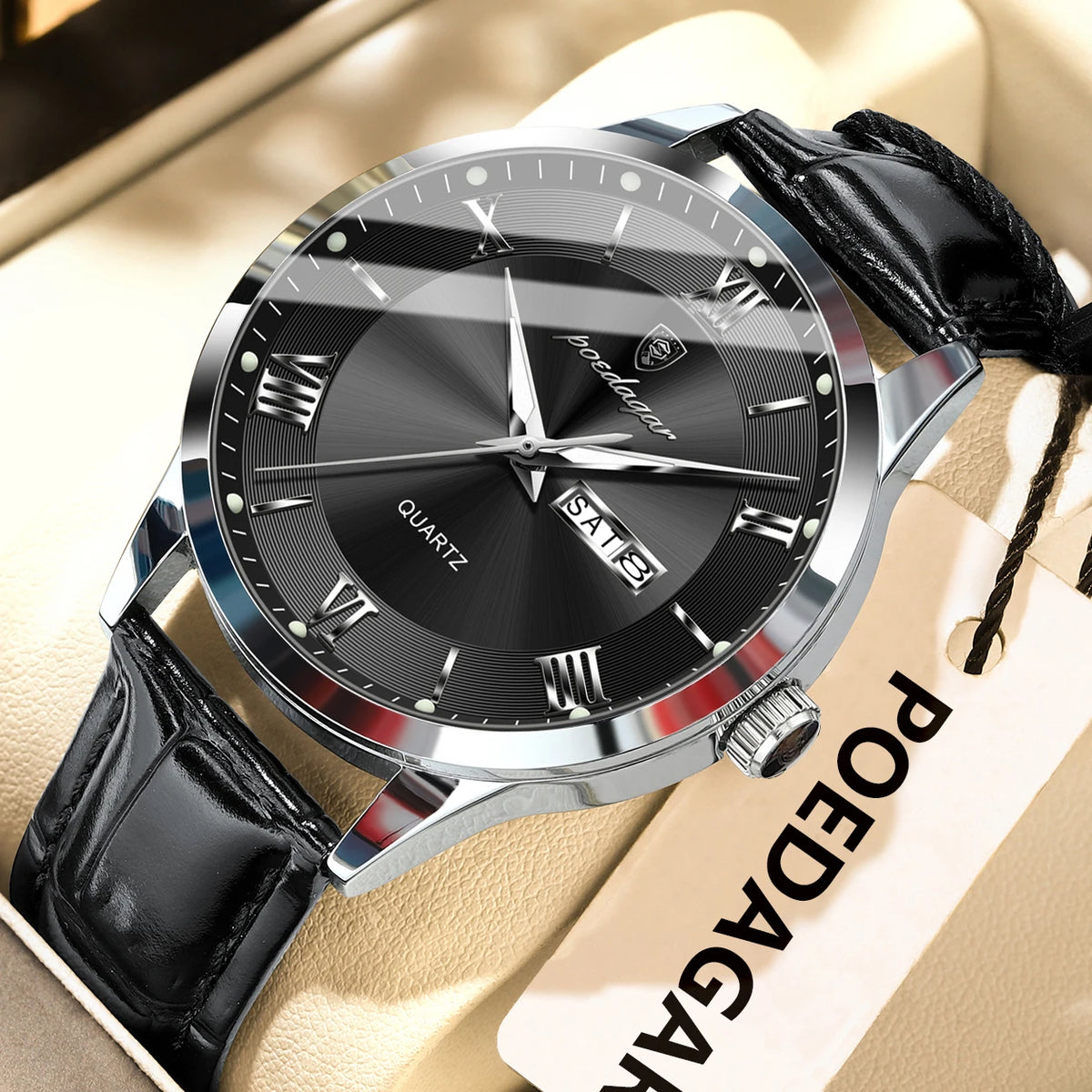 Trendige Herrenuhr von POEDAGAR, Lederarmband, Datums- und Wochentagsanzeige, luxuriöse Quarzuhr, wasserdicht, leuchtend, lässiger Business-Stil.