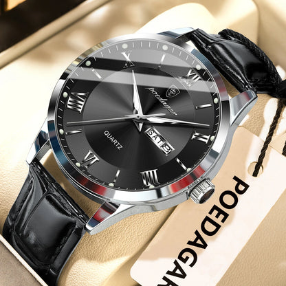 Trendige Herrenuhr von POEDAGAR, Lederarmband, Datums- und Wochentagsanzeige, luxuriöse Quarzuhr, wasserdicht, leuchtend, lässiger Business-Stil.