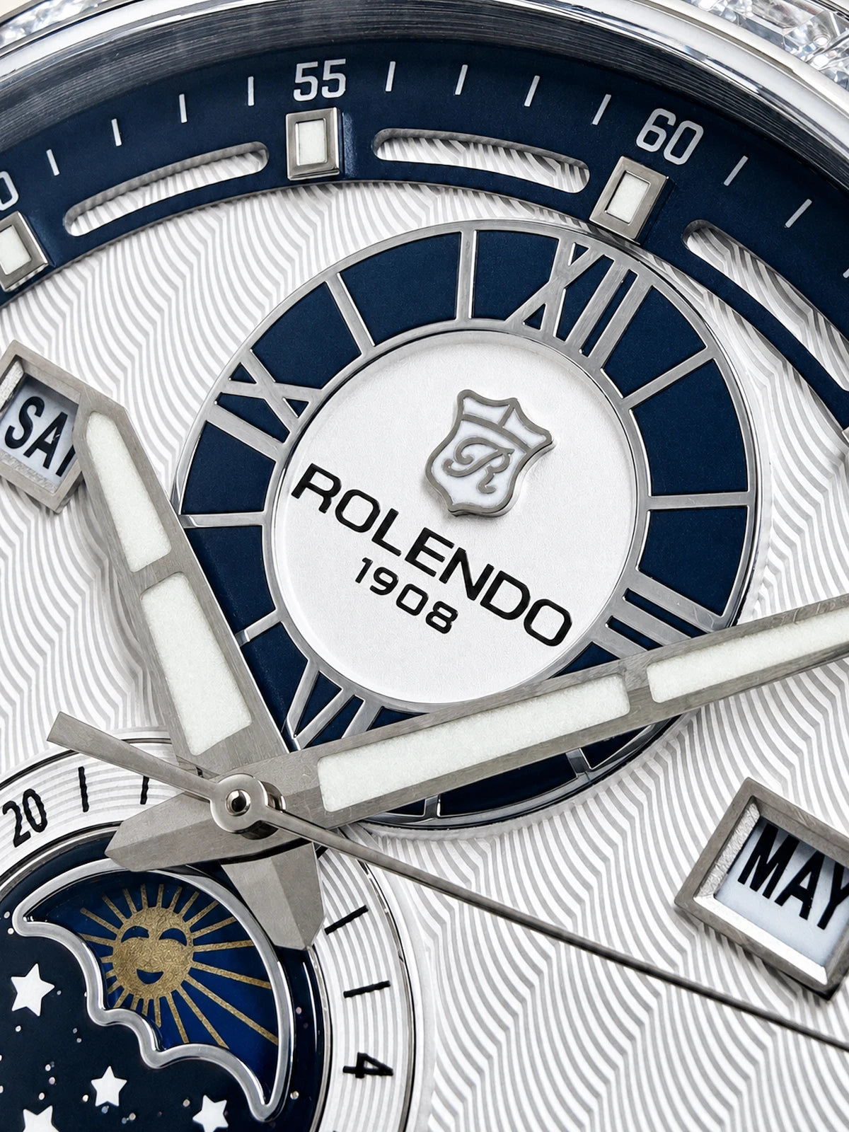 ROLENDO 1908 Men Automatic Mechanical Watch Diamond Luminous Leather Strap Waterproof Business Luxury Wristwatch For Male Gift