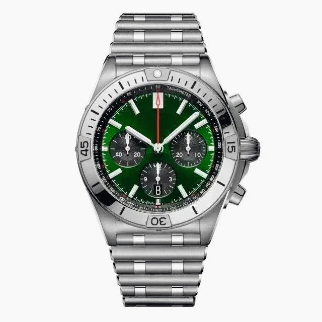 44mm Contemporary Luxury Male Quartz Watch High Accuracy Movement Date Window Chronograph Solid Stainless Steel Bracelet Casual