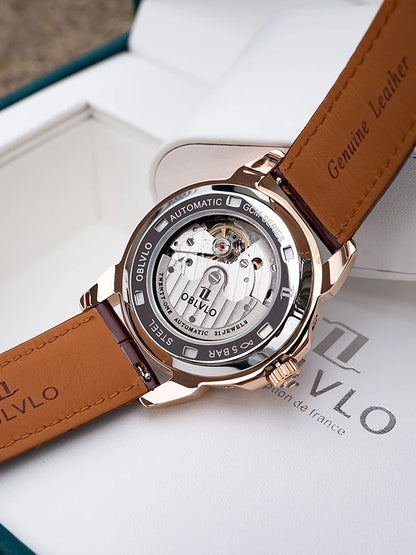 OBLVLO Men's Automatic Watch 40mm Mechanical Wristwatch 5ATM Luminous Crystal Bezel Year, Month, Week, Date, 24 Hours TY1655 Movement