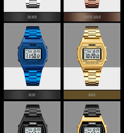 Skmei Unisex Digital Sport's Watches Stainless Steel Strap Led Waterproof 12/24 Hour Format Electronic Alarm Clock