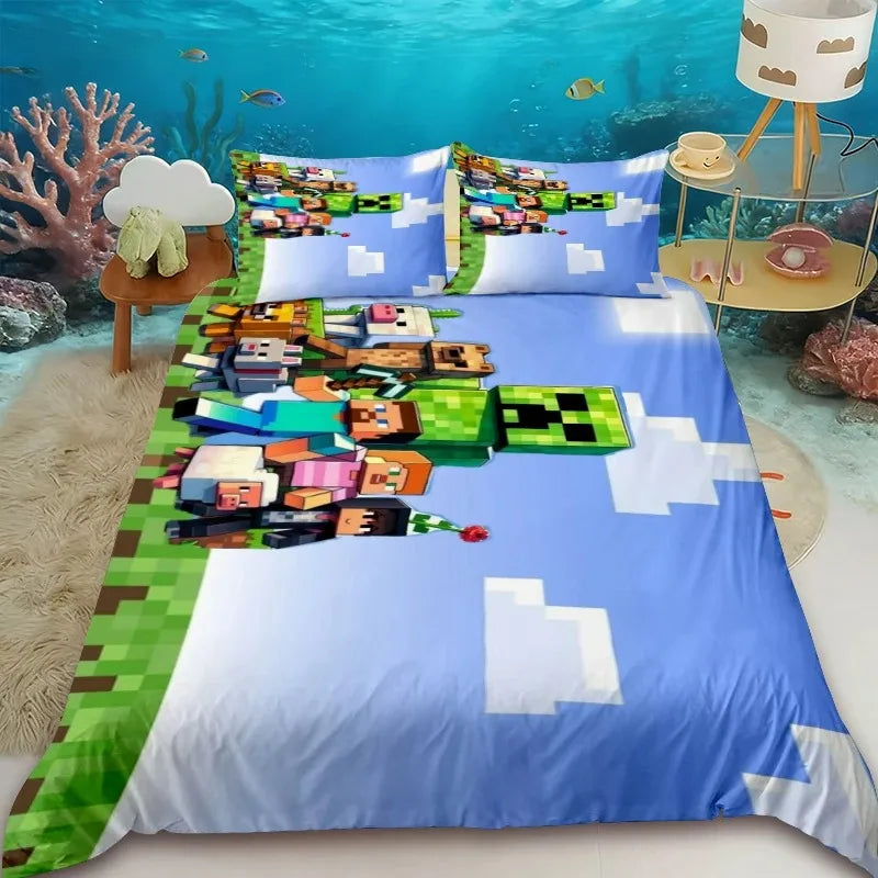 Minecraft 2/3pcs Duvet Cover Cute Cartoon Game Quilt Cover Bedding Set with 1/2 Pillowcase Gifts Bedroom Dormitory