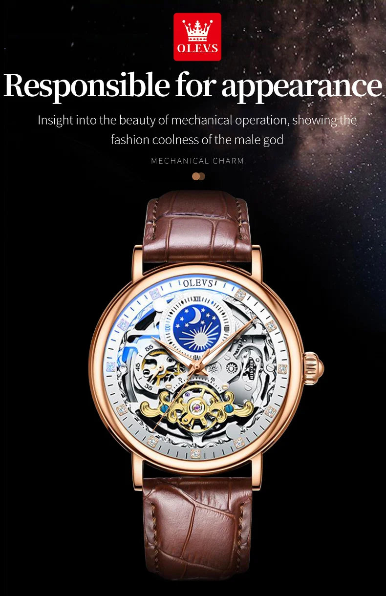 OLEVS Brand 2024 Fashion Moon Phase Skeleton Mechanical Watch for Men Sport Leather Waterproof Luxury Tourbillon Watches Mens