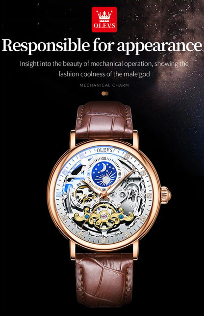 OLEVS Brand 2024 Fashion Moon Phase Skeleton Mechanical Watch for Men Sport Leather Waterproof Luxury Tourbillon Watches Mens