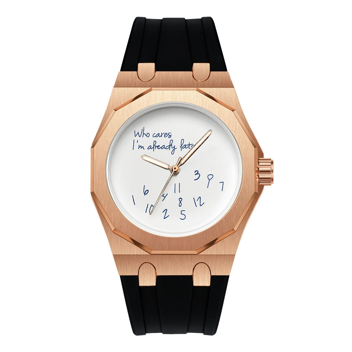 Reloj de lujo para hombre con caja octogonal y correa de silicona, resistente al agua, con una esfera en la que figura el eslogan humorístico «Who Cares I'm Already Late» (Y qué, ya llego tarde).
