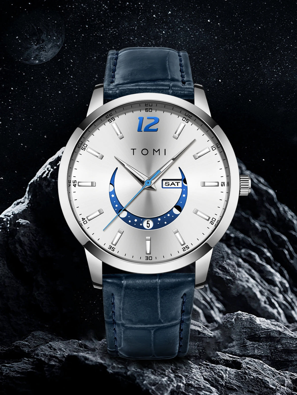 „TOMI“ kvarcinis laikrodis, verslo stiliaus ir elegantiškas, su odine apyranke, lydinio korpusu ir rodykliniu ciferblatu – aukščiausios klasės dizainas, puiki dovana vyrui