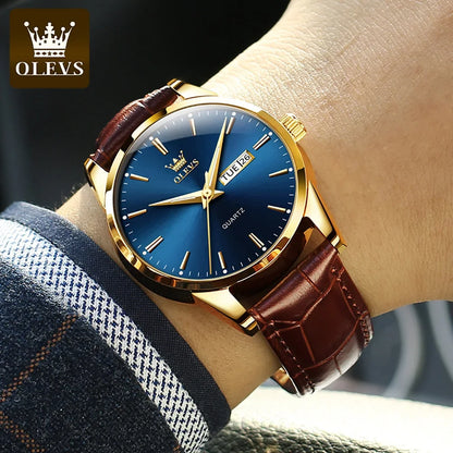 OLEVS kvartsarmbandsur för män – Lyxig och elegant stil, läderarmband, datum- och veckodagsvisning, vattentätt, perfekt för arbetet