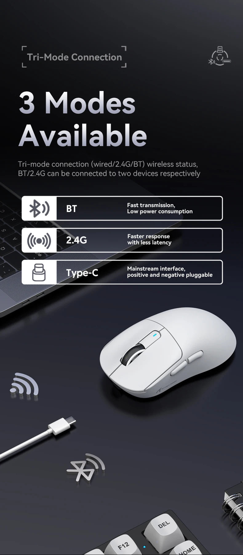 Mouse Gaming Wireless X3 ATTACK SHARK colore rosso, polling rate 4K, connessione Bluetooth tri-mode, PAW3395, mouse gaming Bluetooth con macro