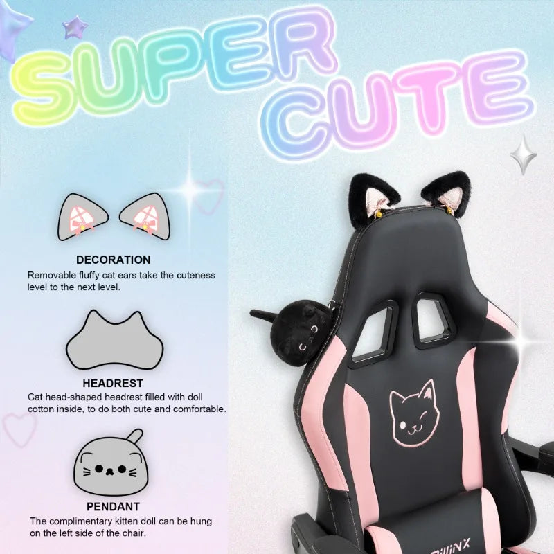 Söt gamingstol med kattöron och fotstöd – rosa kawaii-datorstol, ergonomisk gamer-stol med hög rygg och svankstöd med kattassmotiv