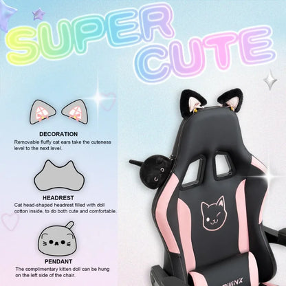 Söt gamingstol med kattöron och fotstöd – rosa kawaii-datorstol, ergonomisk gamer-stol med hög rygg och svankstöd med kattassmotiv
