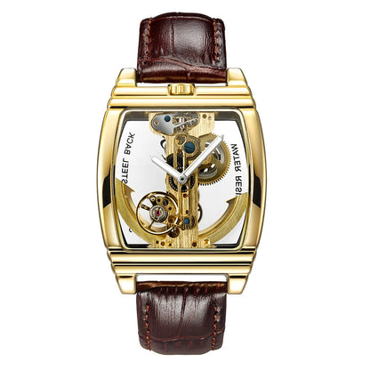 SHENHUA Mens Watches Top Brand Luxury Automatic Mechanical Transparent Skeleton Bridge Watch Leather Belt Wristwatch Male Clock