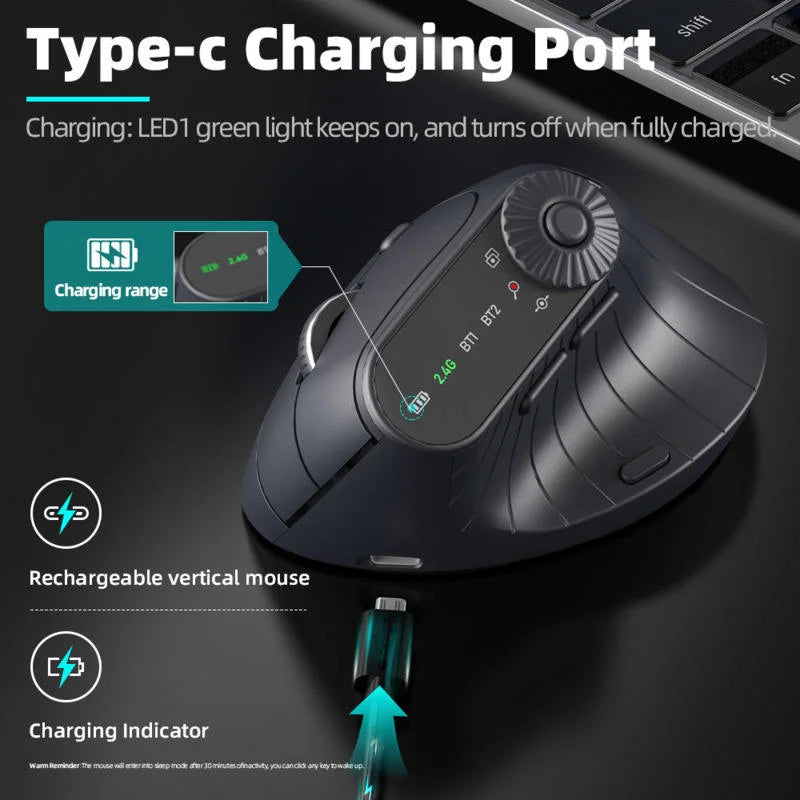 Ergonomisk 2.4GHz trådlös BT RGB-mus med dubbelt läge för laptop, stationär dator och kontor – tyst trådlös vertikal gamingmus