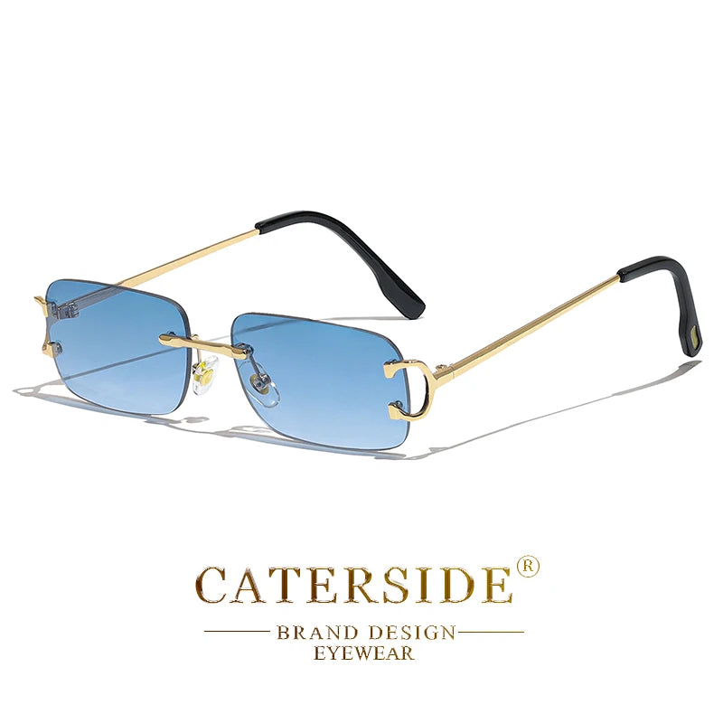 CATERSIDE Ochelari de soare dreptunghiulari albaștri pentru bărbați, ochelari de soare pătrați fără ramă din metal, la modă, pentru femei, cu lentile degradate, ochelari de exterior, UV400