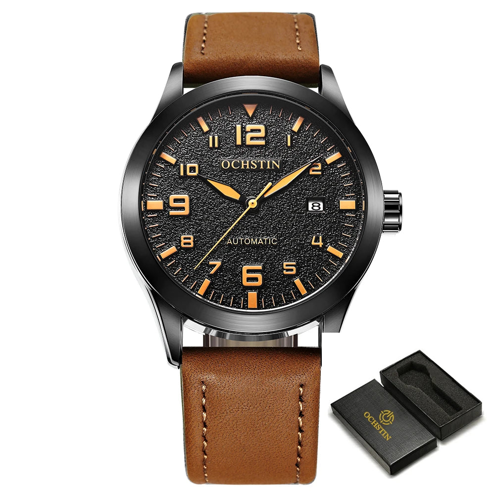 OCHSTIN Man Mechanical Pilot Wrist Watches Luxury Self Wind Leather Mechanic Male Clock Auto Date Relogio Masculino Gift for Men