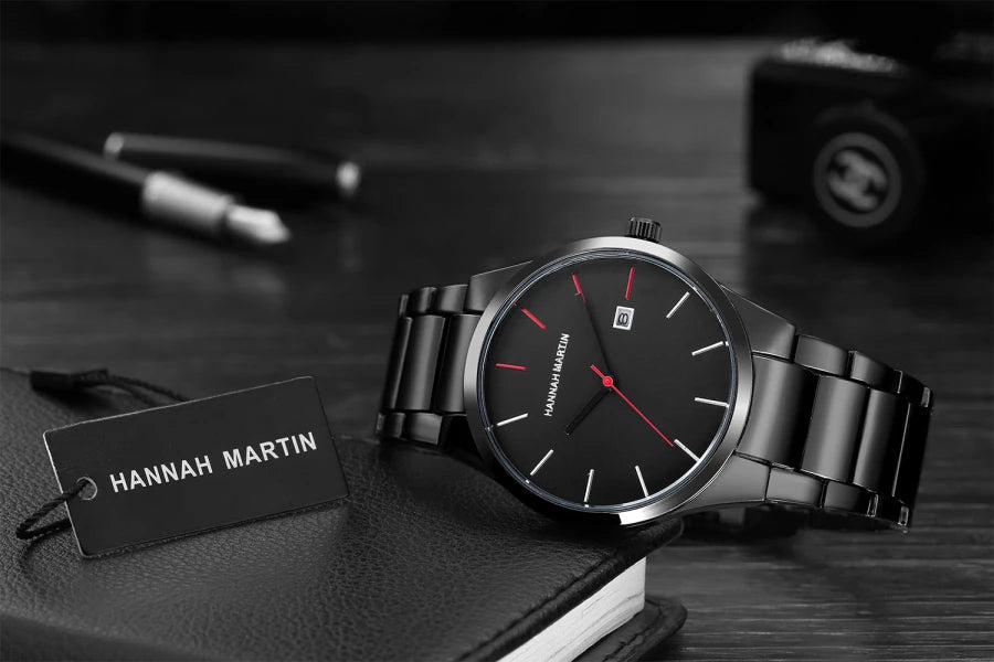 „Hannah Martin“ vyriškas laikrodis, nerūdijančio plieno korpusas, kvarcinis mechanizmas, 41 mm ciferblatas, verslo stiliaus, su kalendoriaus rodymu (imitacija)