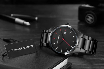 „Hannah Martin“ vyriškas laikrodis, nerūdijančio plieno korpusas, kvarcinis mechanizmas, 41 mm ciferblatas, verslo stiliaus, su kalendoriaus rodymu (imitacija)