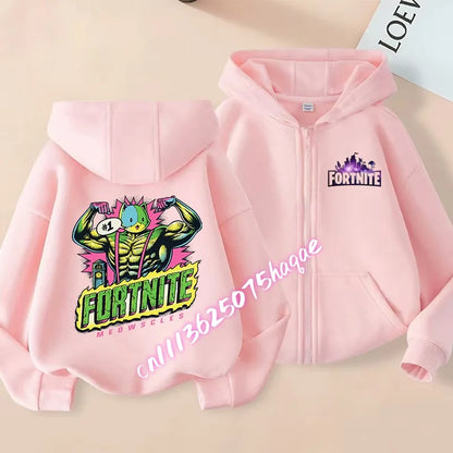 Nuova felpa con cappuccio autunnale per bambini Fortnite, giacca con zip e stampa personaggio cartoon del gioco, cappotto invernale per ragazzi