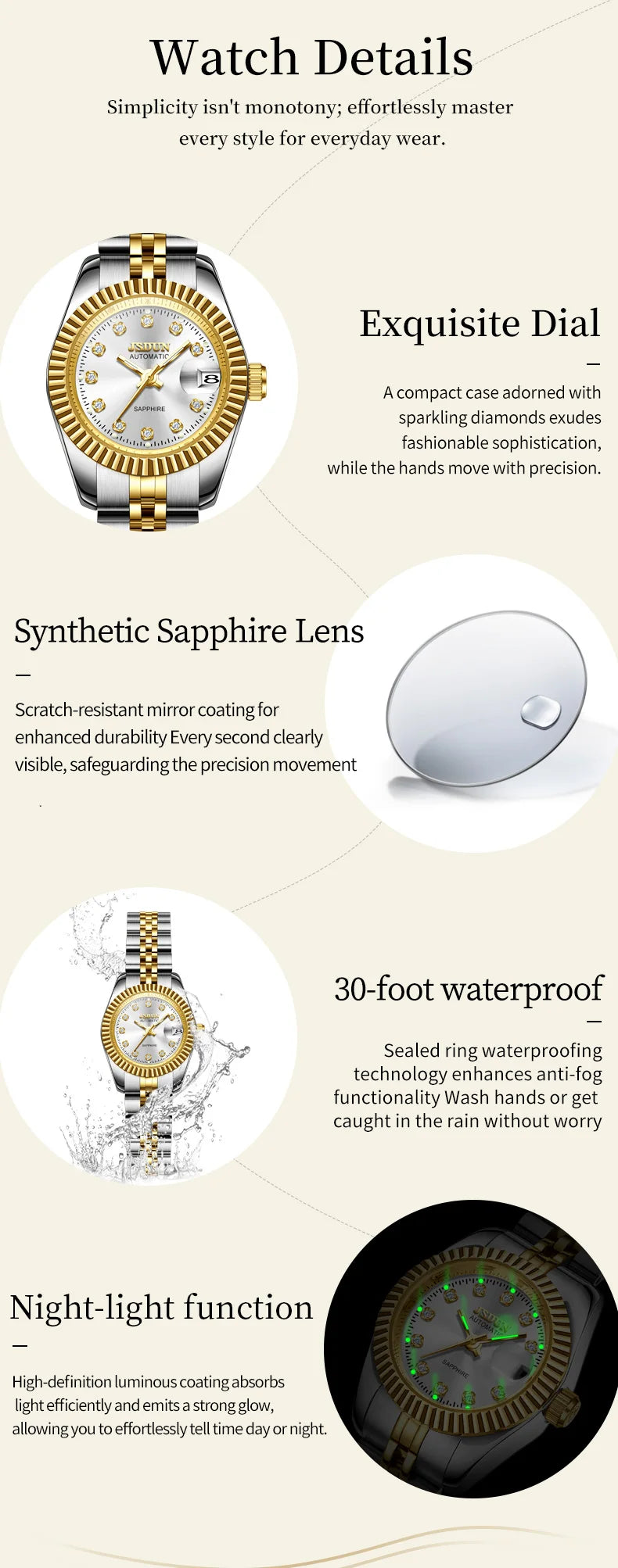 JSDUN 8737 Women Watches High Quality Luxury Elegant Original Mechanical Watch Small Dial Ladies Watch Steel Strap Gifts Box