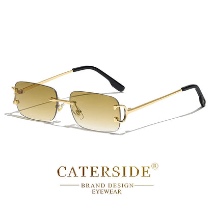 CATERSIDE Ochelari de soare dreptunghiulari albaștri pentru bărbați, ochelari de soare pătrați fără ramă din metal, la modă, pentru femei, cu lentile degradate, ochelari de exterior, UV400