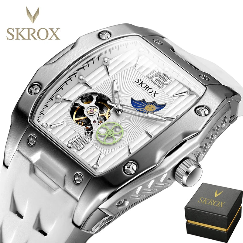SKROX Designer Luxury Moon Phase Toubillon Automatic Movement Mechanical Clock High Quality Waterproof Silicone Men's Watches