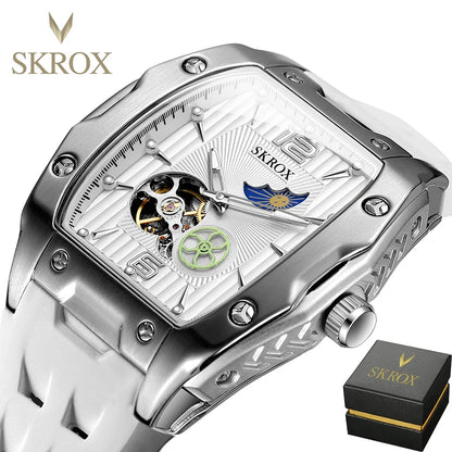 SKROX Designer Luxury Moon Phase Toubillon Automatic Movement Mechanical Clock High Quality Waterproof Silicone Men's Watches