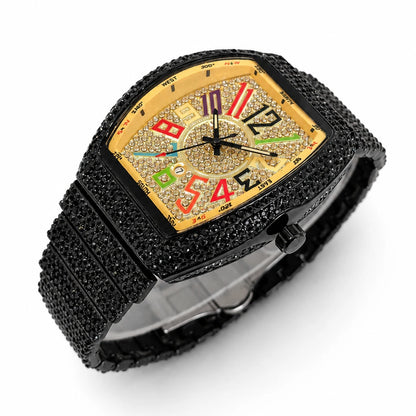 Men's Luxury Barrel-Shaped Quartz Watch With Black Iced Diamond Rainbow Number Dial Luminous Hands Watches For Man Dropshipping