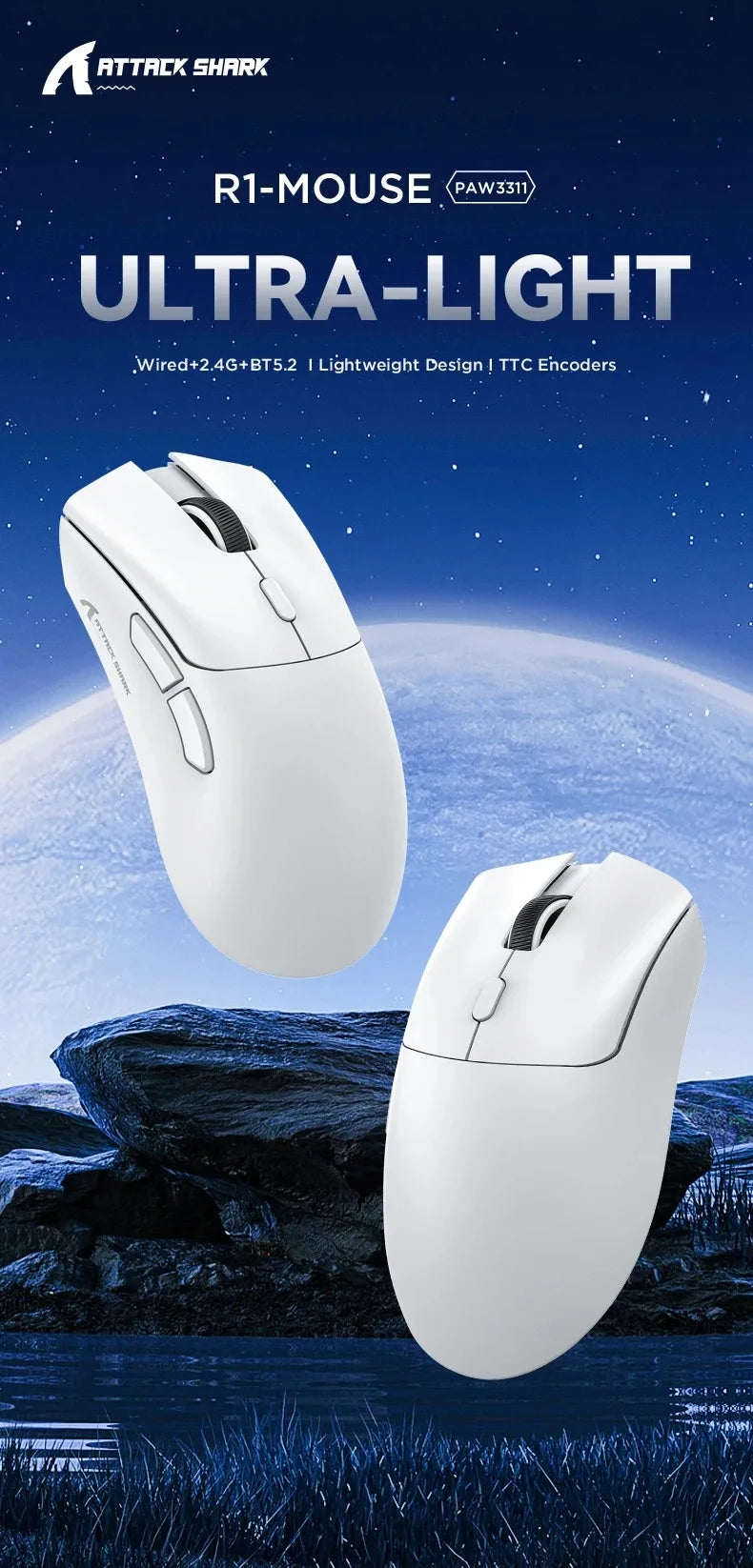 Attack Shark R1 Wireless Mouse for Gaming 1000 Hz PAW3311 Sensor, Rechargeable, Bluetooth Tri-mode, Ergonomic