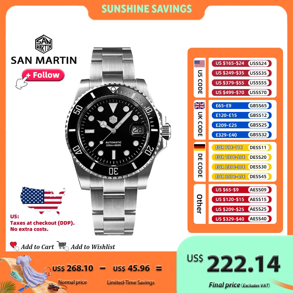 San Martin Watch New Upgraded Sub Men's PT5000 ST2130 Automatic Diving Watches with Ceramic Bezel 200m Waterproof Sapphire SN0017G