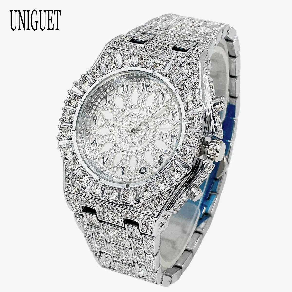 UNIGUET Hip Hop Wristwatch For Men Luxury lce Out Full Diamond Watches Fashion Green Watch Waterproof Clock Man 2026 Hot Sale