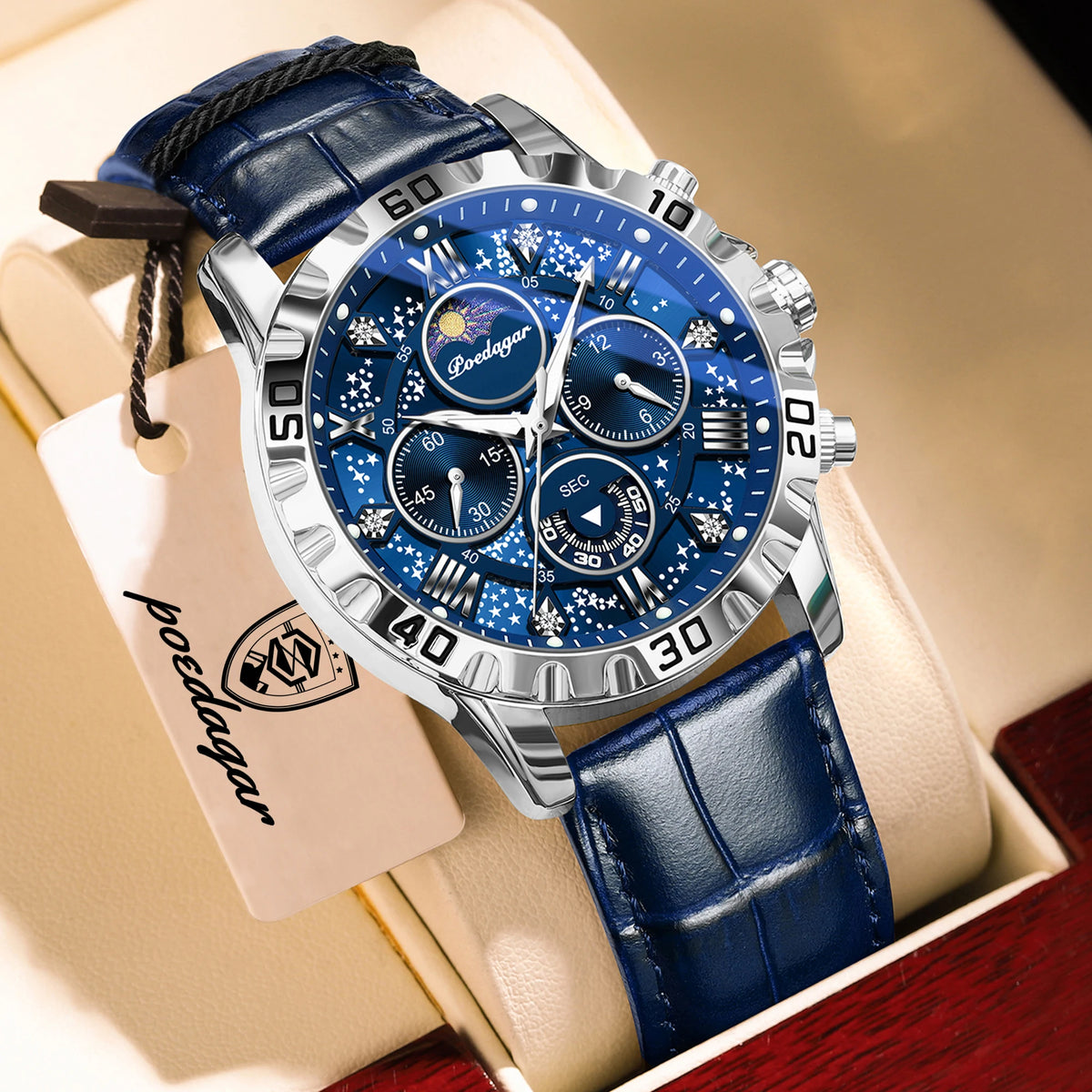 Relógio de pulso de luxo POEDAGAR para homem – Cronógrafo desportivo, estanque e luminoso, com bracelete em pele, movimento de quartzo