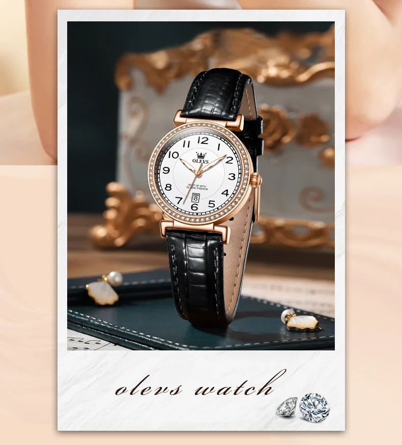 OLEVS 2025 New Fashion Womens Watches Top Brand Luxury Leather Strap Waterproof Calendar Diamond  Quartz Watch Relogio Feminino