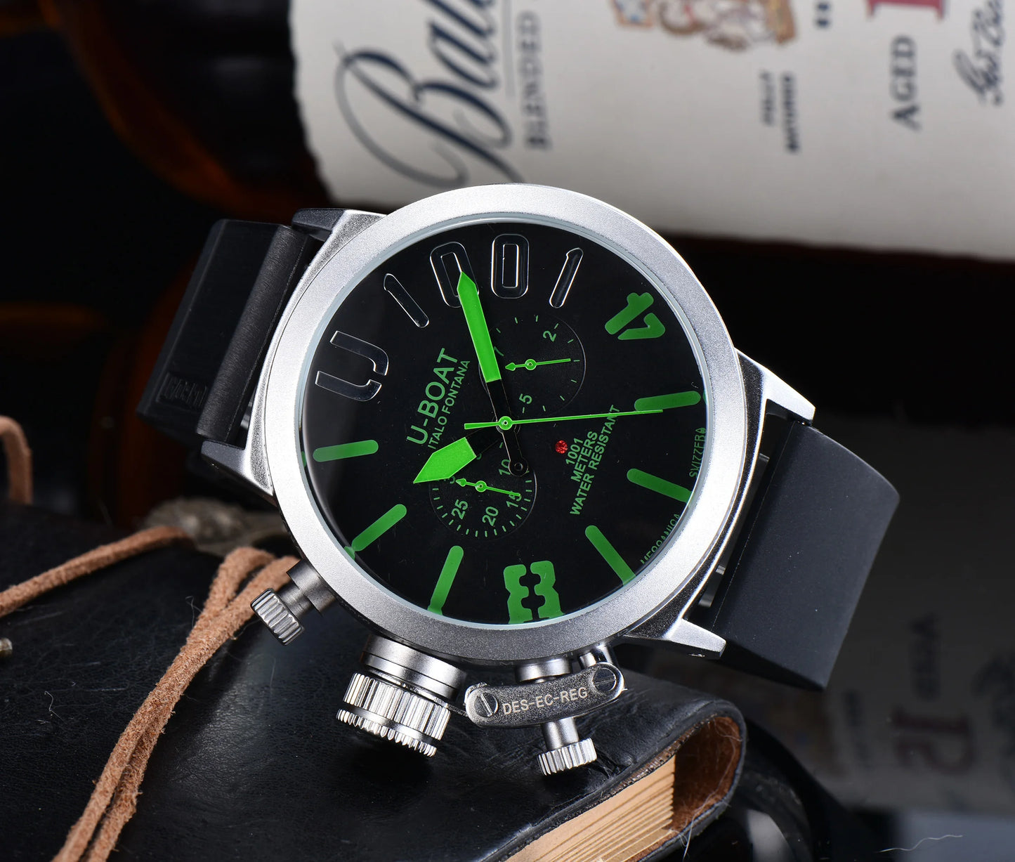 U-Boat Classico 1001 Style Men's Watch Big Dial Stainless Steel Case Rubber Band Luminous Waterproof 1001M Sports Wristwatch
