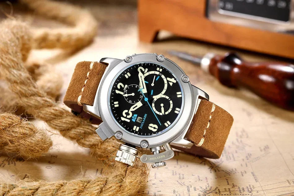 Automatic Watches for Men Mechanical Self Wind Genuine Leather Multifunction Date Boat Month Gold Bronze U Reloj Hombre Baratos