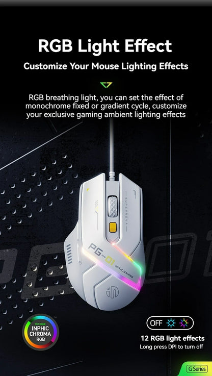Inphic Pg1 Wired Gaming Mouse, RGB Light Emitting, Macro Programming, 12800 DPI, 6 Keys, Computer Mouse, 1000Hz Polling Rate