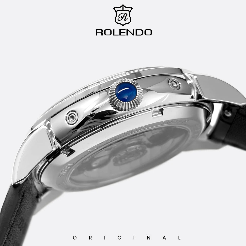 ROLENDO 1908 Men Automatic Mechanical Watch Diamond Luminous Leather Strap Waterproof Business Luxury Wristwatch For Male Gift