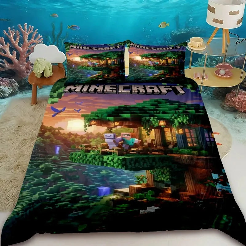 Minecraft 2/3pcs Duvet Cover Cute Cartoon Game Quilt Cover Bedding Set with 1/2 Pillowcase Gifts Bedroom Dormitory