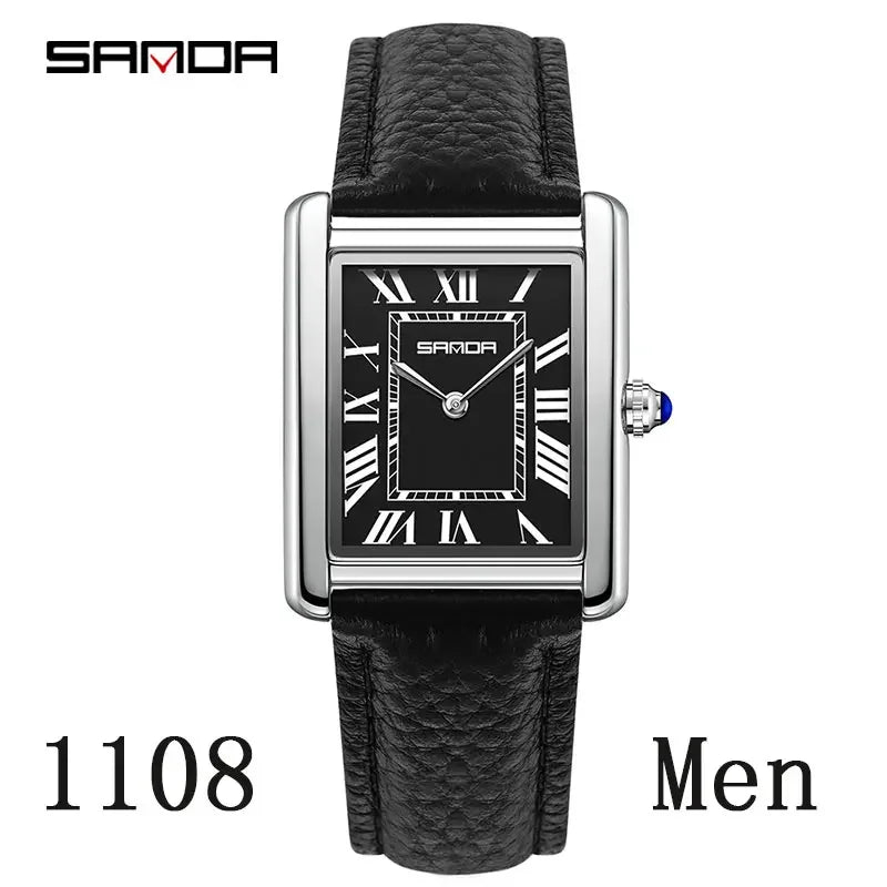 SANDA New Couple Tank Watches Wear Resistant Leather Strap Luxury Square Dial Waterproof Sports Casual Men Women Quartz Watches