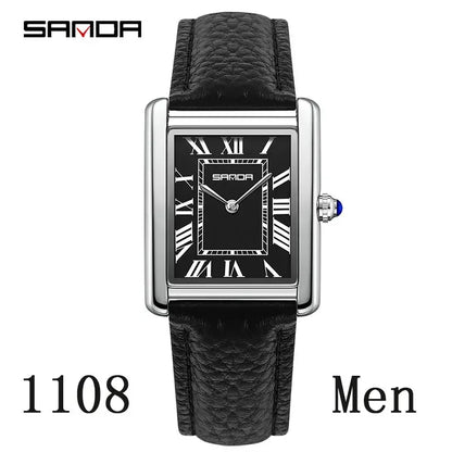 SANDA New Couple Tank Watches Wear Resistant Leather Strap Luxury Square Dial Waterproof Sports Casual Men Women Quartz Watches