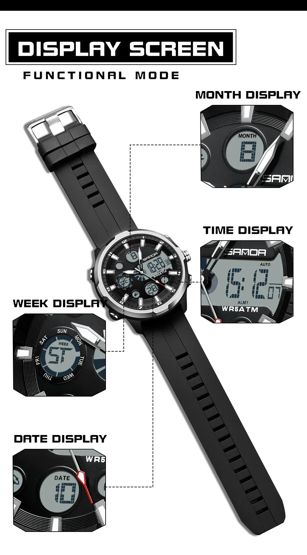 SANDA 9053 G Sports Military Men's Watches Luxury Digital Watch 50M Waterproof Quartz Wristwatch for Male Relogios Masculino