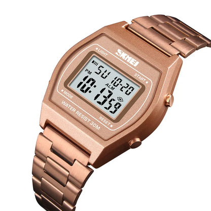 Skmei Unisex Digital Sport's Watches Stainless Steel Strap Led Waterproof 12/24 Hour Format Electronic Alarm Clock