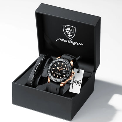 POEDAGAR Luxury Men's Watch Stainless Steel Date Quartz Fashion Watches For Man Waterproof Luminous Business Male Watch+Box Gift