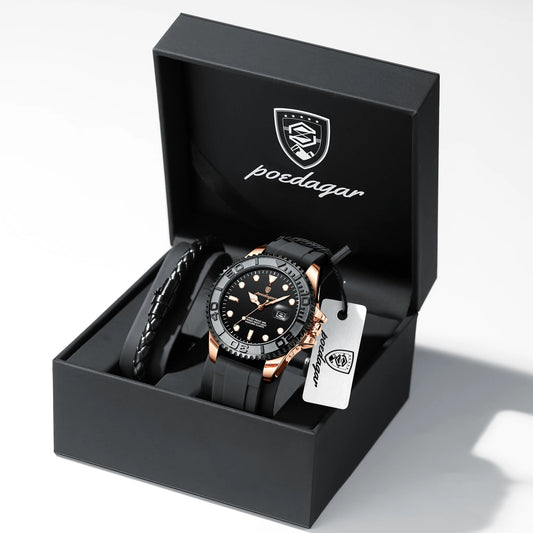 POEDAGAR Luxury Men's Watch Stainless Steel Date Quartz Fashion Watches For Man Waterproof Luminous Business Male Watch+Box Gift